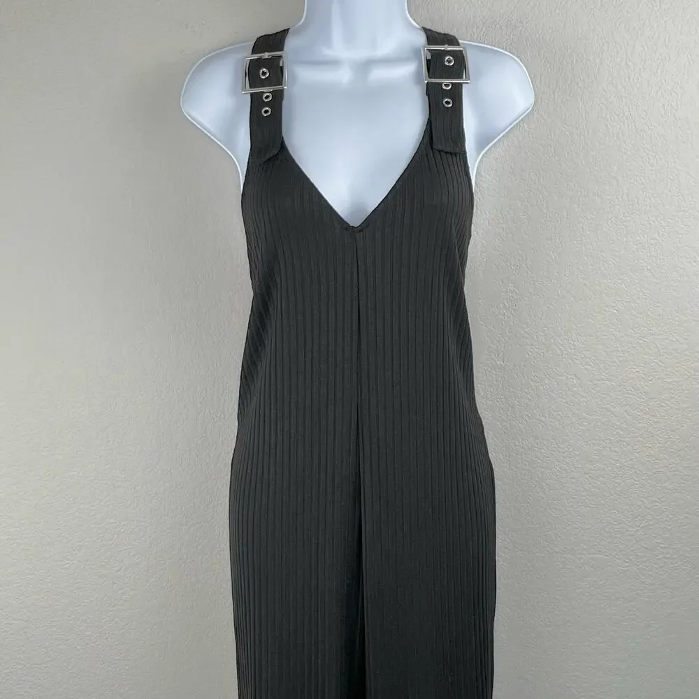 WeWoreWhat Black Ribbed Knit Jumpsuit XS Moto Overalls Buckle Strap Tapered Leg